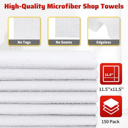 White Microfiber Cleaning Cloth, 150 Pack Shop Towels All-Purpose Cleaning Rags, Bulk Lint-Free Washcloth Reusable Microfiber Towels for Cars Mechanic Garage & Housekeeping 11.5"*11.5" - color: White, style: 150 Pack