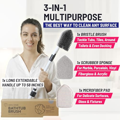 Moku Home Shower Scrubber 3 in 1 Extendable Long Handle 58" Cleaning Brush - Non Scratch Shower Brush for Cleaning Bathroom Kitchen Toilet Wall Tub Tile (Gray) - color: Gray
