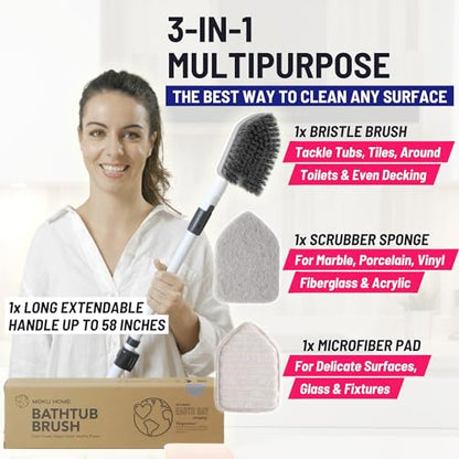 Moku Home Shower Scrubber 3 in 1 Extendable Long Handle 58" Cleaning Brush - Non Scratch Shower Brush for Cleaning Bathroom Kitchen Toilet Wall Tub Tile (Gray) - color: Gray