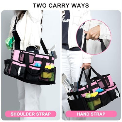 Large Cleaning Caddy Bag with Built-in Support Board, Wearable Cleaning Supplies Organizer with Adjustable Shoulder Strap & Waist Belt, Waterproof Heavy Duty Tote for Housekeepers Car Detailing - color: Black-Pink