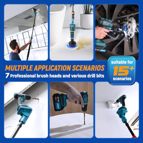 Cordless Power Drill Cleaning Tools Electric Spin Scrubber Extra Large Brush 1500 RPM High Power Electric Scrubber for Cleaning Adjustable Extension Handle, for Tub/Tile/Floor/Car (7Brushes)