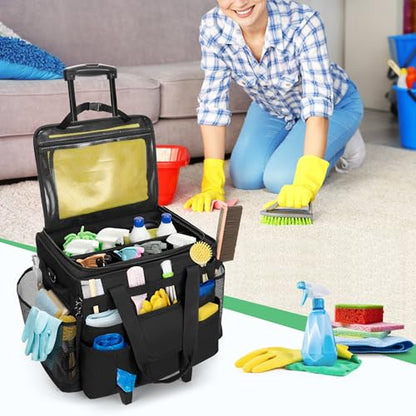 LoDrid Rolling Cleaning Caddy with Lid, Cleaning Supplies Organizer with Detachable Trolley, Cleaning Caddy Cart on Wheels with Handle and Shoulder Strap for Housekeepers, Black, Bag Only - color: Black