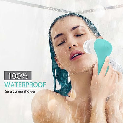 Rechargeable Facial Cleansing Spin Brush Set with 4 Exfoliating Brush Heads - Complete Face Spa System by CLSEVXY - Waterproof Face Scrubber for Gentle Exfoliation and Deep Scrubbing