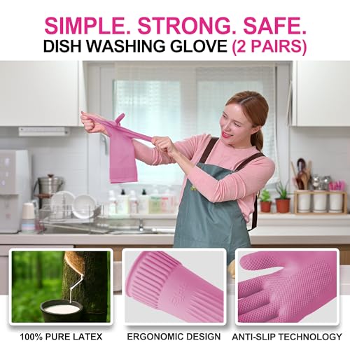 DABOGOSA Mamison 2 Pairs Reusable Waterproof Household Dishwashing Cleaning Rubber Gloves, Non-Slip Kitchen Glove (Pink, Large (Pack of 2)) - color: Pink, size: Large (Pack of 2)