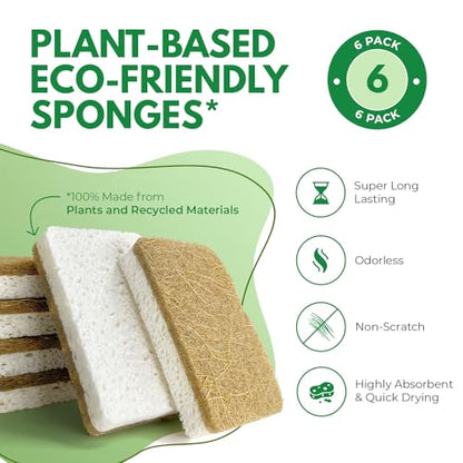 AIRNEX Biodegradable Natural Kitchen Sponges Pack of 6 - Cellulose and Coconut Walnut Scrubber Sponge - Eco Friendly Sponges for Dishes - size: 6 Pack