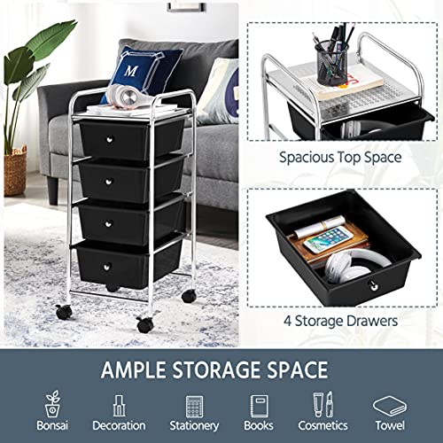 Yaheetech 4 Drawers Cart Rolling Storage Organizer Metal Frame Plastic Drawers Trolley Organizer on Wheels, Black - color: Black, style: 4 Drawers