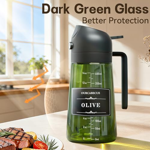 OURCABECUE Upgraded Made Oil Sprayer for Cooking 2 Set, 2 in 1 Spray and Pour Olive Oil Dispenser 16oz 470ml Dark Green Oil Spray Bottle, Mist Olive Oil Dispensing with Scale & 8 Labels - color: Green Bottle-Black Cap Scale