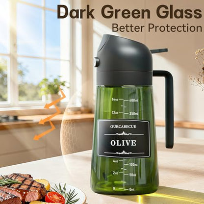 OURCABECUE Upgraded Made Oil Sprayer for Cooking 2 Set, 2 in 1 Spray and Pour Olive Oil Dispenser 16oz 470ml Dark Green Oil Spray Bottle, Mist Olive Oil Dispensing with Scale & 8 Labels - color: Green Bottle-Black Cap Scale