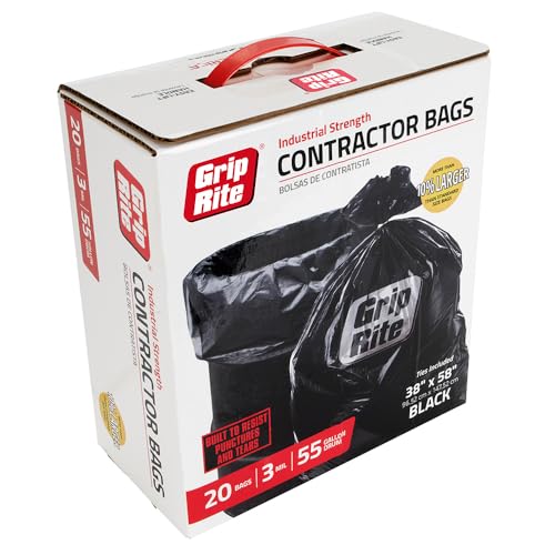 Grip-Rite Heavy Duty Black Contractor Garbage Bags - Durable Trash Bags for Yard Waste, Construction Debris, Lawn Maintenance - 55 Gallons - 38" x 58" - 20 Count - GRHDC55BAG20