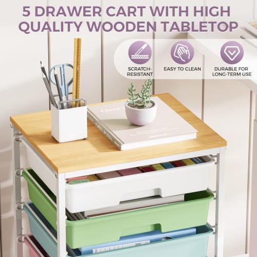 SYKIARIOL 5-Tier Rolling Utility Storage Drawer Craft Cart on Wheels with Wooden Tabletop, Mobile Craft Storage Drawer Cart Trolley for Home Office, Classroom, Craft Room & Kid Room, Ice Cream - color: Ice Cream