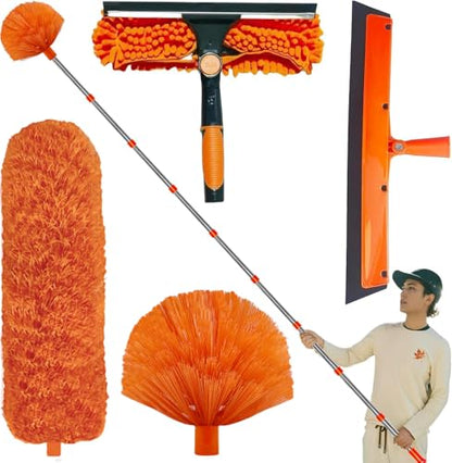 20+ Feet High Reach Duster Kit with 3-14 ft Extension Pole High Ceiling Dusting and Window Cleaning Kit with Spliceable Pole - Window Washer & Squeegee, Cobweb Duster, Fan Blade and Feather Dusters