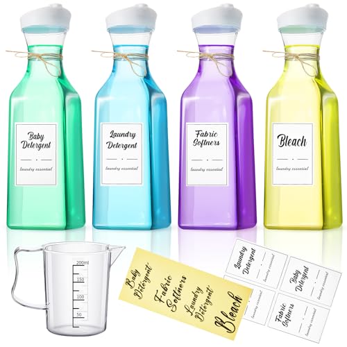 Hushee 4 Pcs Laundry Detergent Dispenser Bottle 51oz with Measure Cup Labels for Laundry Detergent Soap Fabric Softener Bleach Scent Booster Beads Bottle for Laundry Room Decor