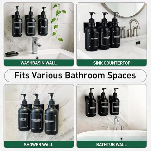 Matte Black Shampoo and Conditioner Dispenser 3 Chamber Set– No Drill Wall Mounted, Shower Soap Pump Bottles, Refillable Bathroom Body Wash Dispensers with Waterproof Labels