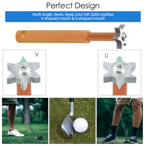 VIPMOON Golf Club Cleaner Kit, 2 Pcs Groove Sharpener Regrooving Tool and 1 Pcs Retractable Club Cleaner Brush, Portable Groove Sharpener Tool for All Golf Irons for Men - color: Gold