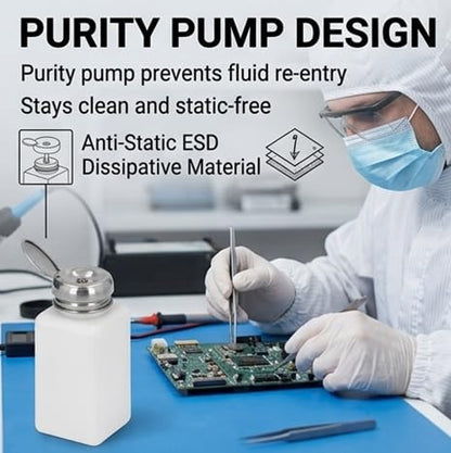 ESD Solvent Dispenser Bottle, Anti Static Press Pump Dispensing for Lab Workbench HDPE Stainless Steel White 200ml 1 Pack