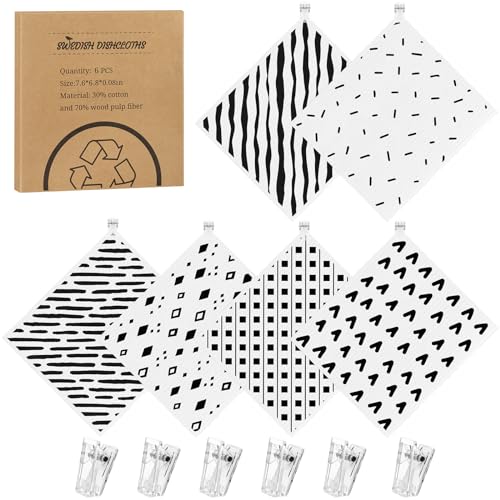 Needbrock 6 Pack Swedish Dishcloths for Kitchen,Swedish Rags Dish Towels with Clips, Reusable Paper Towels Washable Absorbent Cellulose Sponge Cloths No Odor for Countertop Sink Kitchen - color: Black White Pattern