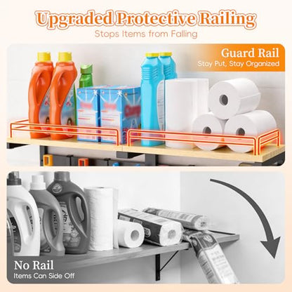 HOOMESUN Broom Holder Wall Mount with Shelf & Guard Rail, Upgraded No-Fall Storage, 120 lbs Heavy Duty Cleaning Organizer, 5 Clamps 4 Hooks, Thick Metal & Wood Rack for Laundry Room Garage