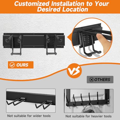 Garage Tool Organizer Wall Mount, Heavy Duty 48 Inches Garage Organization and Storage Racks for Yard Tools with 6 Hooks, Tool Hangers Holders for Hanging Folding Chair, Rake and Shovel - size: 48" Alloy Steel