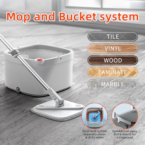 Spin Mop and Bucket Set with Self Separation Dirty and Clean Water System, Self Wringing 360° Rotating Square Mop Head for Home Floors Cleaning (1.0 Mop and Bucket Set (8 Pads)) - size: 1.0 Mop and Bucket Set (8 pads)