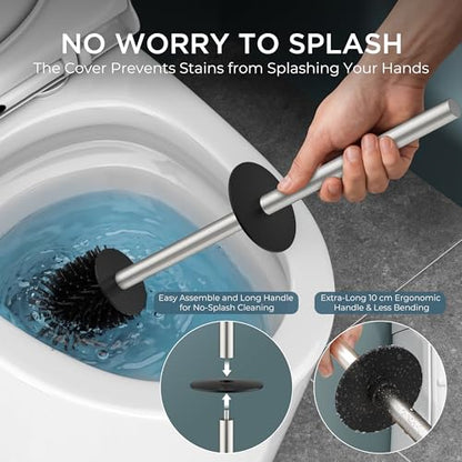 FORIOUS Toilet Brush and Holder Set, SUS304 Stainless Steel Square Base, Extended Long Handle, Drip-Proof & Space Saving, 2 Replaceable Brush Heads, Plastic & Silicone Dual Brush Head, Brushed Nickel - color: Brushed Nickel