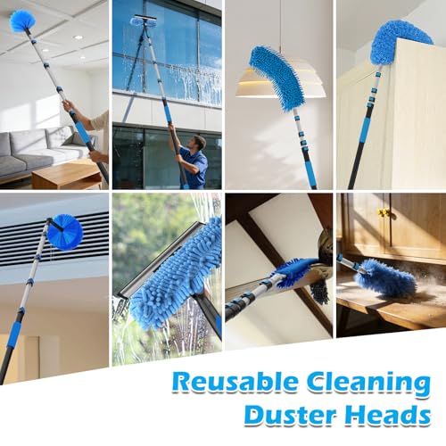 16FT Reach High Ceiling Duster Kits with 3-12FT Adjustable Pole - Includes Extra Long Duster, High Ceiling Duster, Rotatable Window Squeegee & Cobweb Duster for Ceiling Fans and Whole House Cleaning - color: Blue, size: 12FT