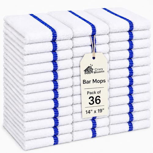 Bar Mops Pack of 36 (14" x 19") - 100% Cotton Cleaning Rags for Housekeeping - Thick, Absorbent & Reusable Bar Towels for Cleaning House & Restaurant - Kitchen Towels Bulk (Blue Stripe) - color: Blue Stripe, size: Pack of 36