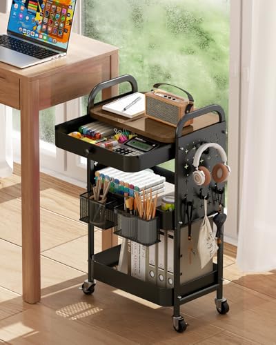 ALVOROG Rolling Cart with Drawer and Wood Table Top, 3 Tier Metal Rolling Utility Cart on Wheels with DIY Pegboards, Hanging Baskets, Hooks for Bedroom,Office,Craft Supplies - color: Black