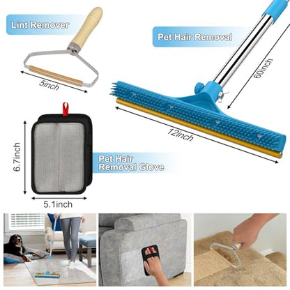 mupapi Carpet Rake for Pet Hair Removal, Reusable Pet Hair Remover Broom, 60'' Adjustable Long Handle Dog and Cat Hair Remover Tool Set of 3, Lint Remover Scraper for Carpets, Rugs, Mats, Couch, Car
