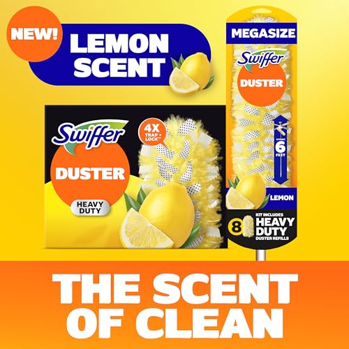 Swiffer Duster Kit with 6 ft Super Extendable Handle, Heavy Duty Starter Kit with 8 Refills, Lemon Scent