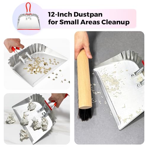 2 Pack Metal Dust Pan 17" and 12", Aluminum Heavy Duty Dust Pans with Non-Slip Rubber Handle, Large and Small Dustpan Set, Lightweight for Sweeping, Garage, Leaf, Household & Outdoor Cleaning