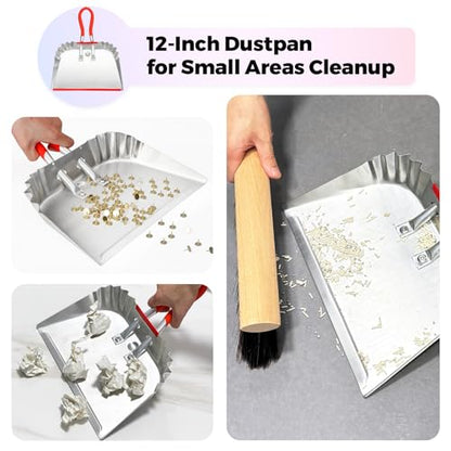 2 Pack Metal Dust Pan 17" and 12", Aluminum Heavy Duty Dust Pans with Non-Slip Rubber Handle, Large and Small Dustpan Set, Lightweight for Sweeping, Garage, Leaf, Household & Outdoor Cleaning