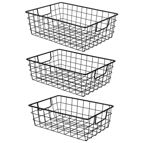 3 Pack Extra Large Wire Basket with Metal Handles, Metal Basket for organizers and storage, Wire Storage Baskets for Pantry, Cabinet, Fridge, Kitchen, Wardrobe, Garage, Bathroom, Black - size: 3PC Extra Large Basket Black