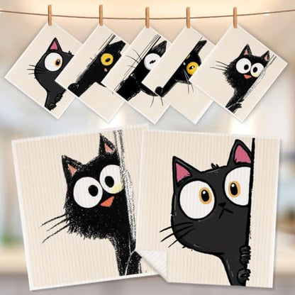 5 Pcs Cartoon Cute Peeking Kitten Swedish Dishcloths, Kitty Swedish Dishcloth, Funny Cat Dish Cloths for Drying Dishes, Reusable Cleaning Cloths, Cat Lover Gifts for Women 3 - color: Lm 03434