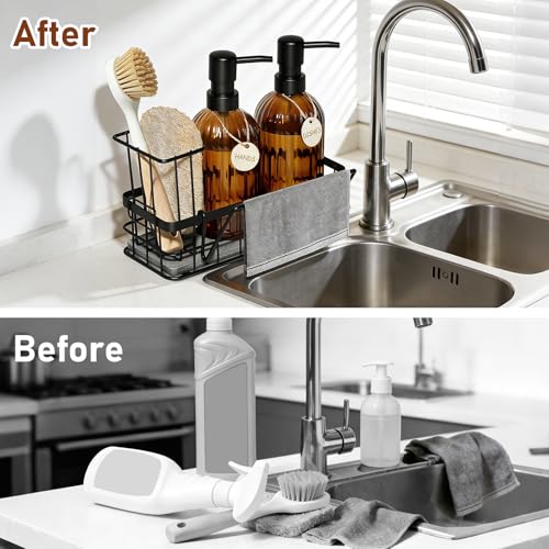 Kitchen Soap Dispenser Set, 14.4 oz/425 ml Hand and Dish Soap Dispenser Set, Dish Soap Dispenser with Sponge Holder & Diatomite Tray, for Countertop Organizer, Amber - color: Amber