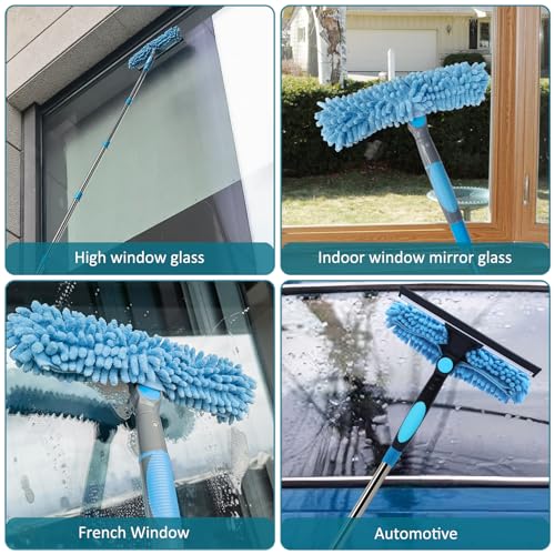 20+ Feet Reach Blue 2 in 1 Window Washing Squeegee & Duster with 3-14 ft Spliceable Extension Pole // Window Cleaning Tool & Window Washer Squeegee for Home Indoor Outdoor Window Washing