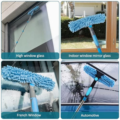20+ Feet Reach Blue 2 in 1 Window Washing Squeegee & Duster with 3-14 ft Spliceable Extension Pole // Window Cleaning Tool & Window Washer Squeegee for Home Indoor Outdoor Window Washing