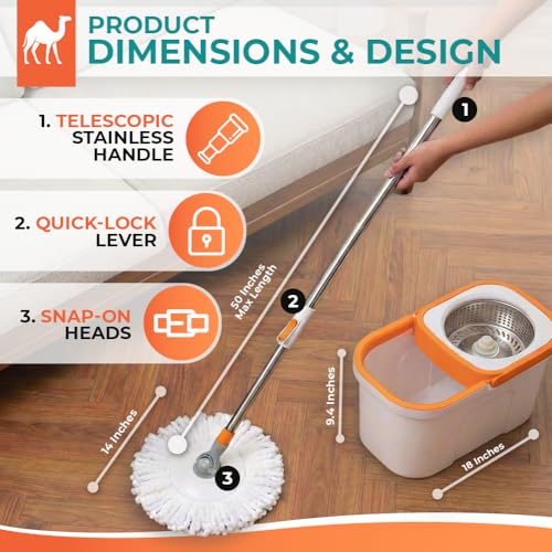 Grazie Spin Mop & Bucket Set - 360° Self-Wringing System, Stainless Steel Handle - Hands-Free Floor Cleaning for Hardwood, Tile, Laminate - Includes 2 Washable Microfiber Mop Head Refills - size: White Mop Bucket + 2 Mop Heads
