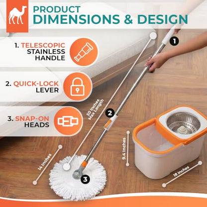 Grazie Spin Mop & Bucket Set - 360° Self-Wringing System, Stainless Steel Handle - Hands-Free Floor Cleaning for Hardwood, Tile, Laminate - Includes 2 Washable Microfiber Mop Head Refills - size: White Mop Bucket + 2 Mop Heads