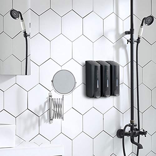 AUMIO Chamber Shower Soap Dispenser Trio Wall Mounted Shampoo and Conditioner Dispenser Set, No Drill for Bathroom Hotel, Black - color: Black 3 Chamber