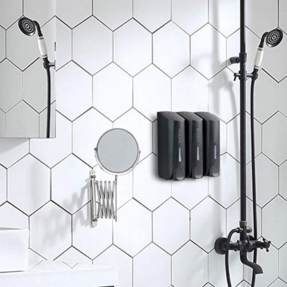 AUMIO Chamber Shower Soap Dispenser Trio Wall Mounted Shampoo and Conditioner Dispenser Set, No Drill for Bathroom Hotel, Black - color: Black 3 Chamber