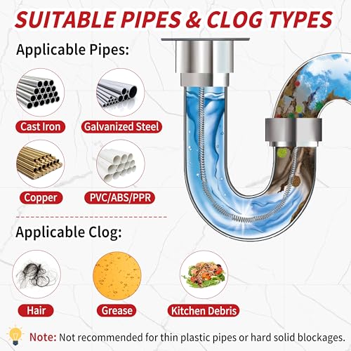 Drain Snake 35 Ft with Drill Attachment, Auto Feed 1/4 Inch Plumbing Snake for Sink, Shower & Tub Clogs, Manual or Drill-Powered Drain Auger, with Gloves, Safety Glasses & Storage Bag - color: 35FT