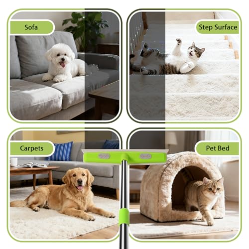 Pet Hair Removal Rubber Broom, Carpet rake with Squeegee for Cleaning Pet Hair, 52 inch Long Handle Rubber Broom,Dual-Sided for Fluff Carpet, Hardwood Floor, Tile,Green