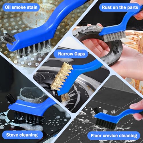 Wire Brush Set, 6 Pcs Stainless Steel/Brass/Nylon Wire Brushes for Cleaning with Curved Handle Grip for Rust Removal, Dirt, Paint Scrubbing(Blue) - style: Blue-6pcs
