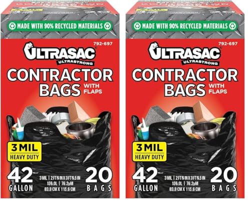 Ultrasac Contractor Bags 42 Gallon (/w FLAP TIES),32.75 x 44.5-3 MIL Thick Large Black Heavy Duty Industrial Garbage Trashbags for Professional Construction and Commercial use,(Pack of 40) - size: 1 Count (Pack of 40)