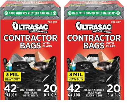 Ultrasac Contractor Bags 42 Gallon (/w FLAP TIES),32.75 x 44.5-3 MIL Thick Large Black Heavy Duty Industrial Garbage Trashbags for Professional Construction and Commercial use,(Pack of 40) - size: 1 Count (Pack of 40)