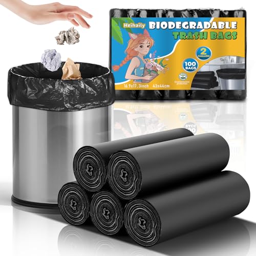 2-Gallon Small Trash Bags - Compostable Mini Garbage Bags Unscented Extra Strong Puncture Proof Clear Black Wastebasket Liners for Home, Office, Dorm Room Use (5 Roll, 100 Count) - style: Bio-2Gal-Black100
