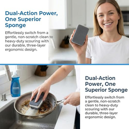 12 Pack Dual-Sided Cleaning Sponges -Three Layer Thickness Duty Sponge Scrubber for Dishes, Kitchen, Bathroom & Household Cleaning