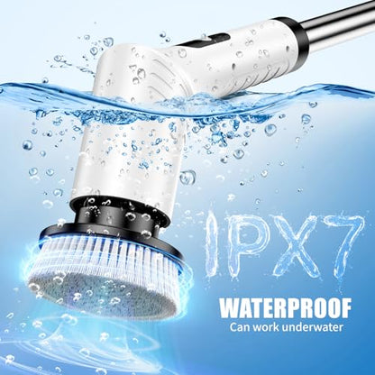 Electric Spin Scrubber, Cordless Power Cleaning Brush with 7 Replaceable Heads, Adjustable Long Handle, & LCD Display, IPX7 Waterproof Shower Scrubber for Bathroom, Tub, Tile, Kitchen & Car