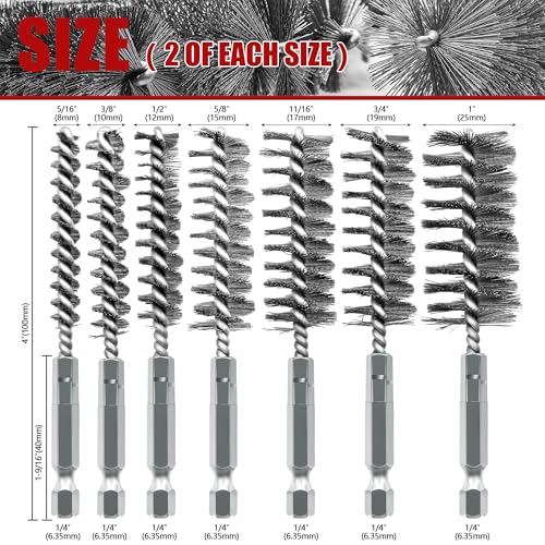 14Pcs Stainless Steel Bore Brush, Wire Brush for Drill with 1/4 Inch Hex Shank ,Abrasive Wire Bore Brush for Power Drill Cleaning,Drill Brush Set,Steel Brush for Drill in 7 Size(5/16"-1")