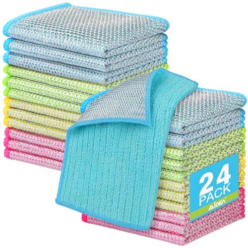 AIDEA Non Scratch Wire Dishcloth 24PK, Upgraded Wire Dishwashing Rag for Kitchen, Dual Sided, Dish Cloths for Washing Dishes, Cleaning Pads Steel Scrubber for Cookware, Sinks, Dishes, Stove Tops,7"×8" - color: Multicolor
